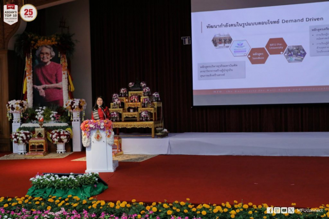 ผศ.ดร.มัชฌิมา นราดิศร อธิการบดี รายงานพัฒนาการ / ผลการดำเนินงานของมหาวิทยาลัยแม่ฟ้าหลวง