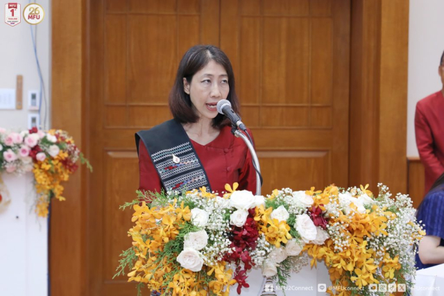 รศ. ดร.ดรุณี วัฒนศิริเวช ประธานกรรมการจัดพิธีถวายผ้าป่าฯ กล่าวรายงานพิธีถวายผ้าป่าเพื่อการศึกษา ประจำปี 2567